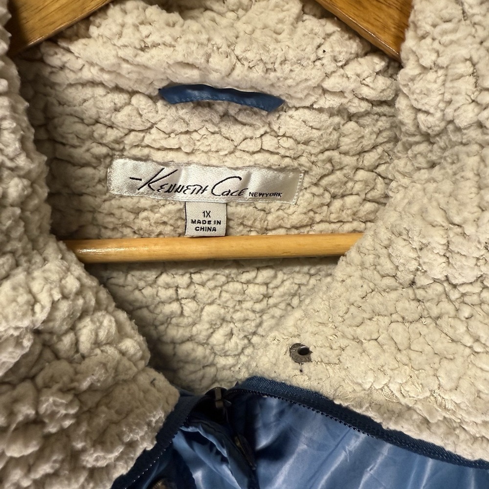 Kenneth Cole Sherpa Lined Faux Fur Puffer Jacket Cinch Waist Blue Women's 1X EUC